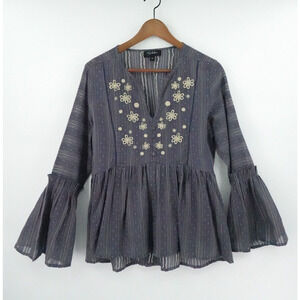 Women Top Medium Gray Lace Embroidered Babydoll Bell Sleeve Boho Chic Whimsigoth